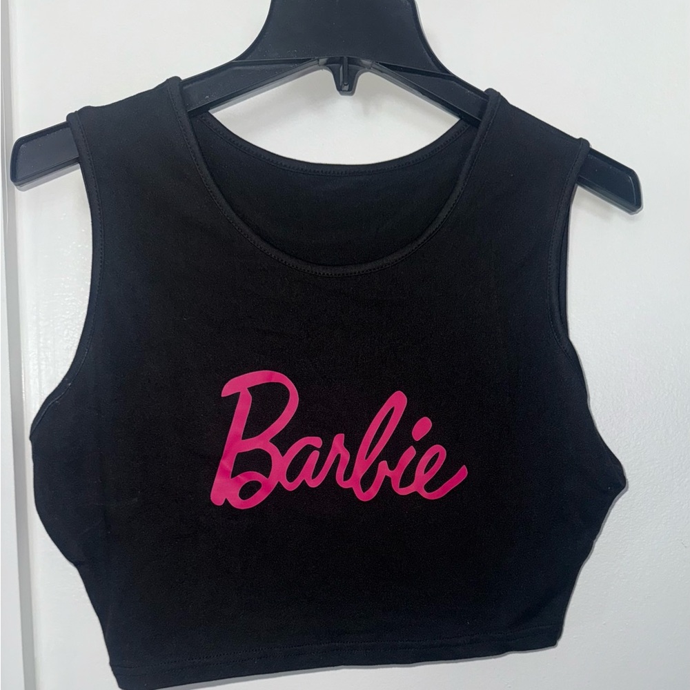 Black Crop Top with Pink Barbie Logo